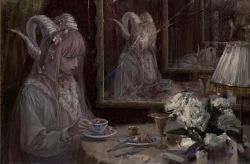 Rule 34 | 1girl, afloat, blood, blue eyes, broken, broken mirror, cup, different reflection, earrings, eyeball, fingernails, flower, fork, frills, guro, hair flower, hair ornament, half-closed eyes, highres, holding, holding cup, holding plate, horror (theme), indoors, jewelry, knife, lamp, long hair, mirror, orange eyes, original, painterly, parted lips, pink flower, pink hair, plate, pointy ears, purple eyes, qunqing123, reflection, sitting, solo, table, teacup, white flower