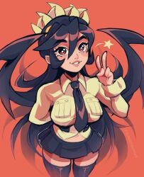 1girl black_hair bright_pupils filia_(skullgirls) joanna_went_bananas lips long_hair looking_at_viewer necktie orange_background parted_lips pink_lips pleated_skirt red_eyes school_uniform skirt skullgirls smile solo thighhighs v