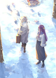Rule 34 | 2girls, brown footwear, butterfly hair ornament, elf, fern (sousou no frieren), footprints, frieren, from above, hair ornament, hand in pocket, highres, holding, holding suitcase, long hair, multiple girls, parted bangs, pointy ears, purple hair, rhinth, sidelocks, sleeves past wrists, snow, sousou no frieren, standing, straight hair, suitcase, tree, twintails, white hair