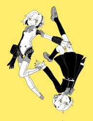 Rule 34 | 1girl, aegis (persona), android, bow, flat chest, full body, gekkoukan high school uniform, hair between eyes, headphones, highres, joints, leg up, melkymelkii, persona, persona 3, ribbon, robot joints, school uniform, shoes, short hair, yellow background