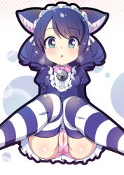 Rule 34 | 10s, 1girl, ahen, animal ears, bell, black hair, blush, bow, cameltoe, cat ears, cat tail, curly hair, cyan (show by rock!!), dress, green eyes, looking at viewer, open mouth, panties, show by rock!!, solo, striped clothes, striped thighhighs, tail, thighhighs, underwear