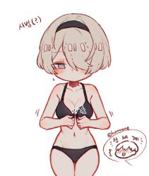 Rule 34 | 1girl, 2b (nier:automata), 9s (nier:automata), alternate hair color, arms up, black hairband, black panties, black shirt, blue eyes, blush, bra, breasts, cowboy shot, front-hook bra, full-face blush, groin, hair over one eye, hairband, hn (artist), korean text, light brown hair, looking down, medium breasts, navel, nier:automata, nier (series), no blindfold, open bra, panties, shirt, short hair, simple background, solo, speech bubble, stomach, sweatdrop, swept bangs, thighs, translation request, underwear, underwear only, undressing, unfastened, white background