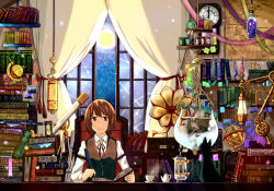 Rule 34 | 1girl, armillary sphere, bad id, bad pixiv id, black cat, book, brown eyes, brown hair, cat, clock, curtains, desk, fish, full moon, holding, holding book, ido (teketeke), lantern, long sleeves, looking at viewer, moon, moonlight, night, open book, original, phonograph, quill, shirt, sitting, smile, solo, sweater vest, teapot, telescope, white shirt
