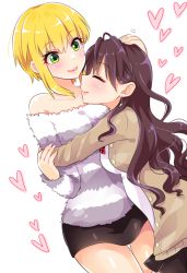 Rule 34 | 10s, 2girls, ^ ^, bare legs, bare shoulders, black hair, black skirt, blonde hair, blush, bow, bowtie, cardigan, closed eyes, earrings, closed eyes, female focus, green eyes, hand on another&#039;s arm, hand on another&#039;s head, headpat, heart, hug, ichinose shiki, idolmaster, idolmaster cinderella girls, jewelry, legs, long hair, long sleeves, looking at another, miniskirt, miyamoto frederica, multiple girls, off-shoulder, off-shoulder sweater, off shoulder, pencil skirt, plaid bow, plaid bowtie, plaid neckwear, pleated skirt, school uniform, short hair, skirt, smile, sweater, trente, white background, yuri