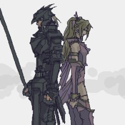 Rule 34 | 1990s (style), 1boy, 1girl, armor, armored boots, back-to-back, bare shoulders, blonde hair, boots, breastplate, cain highwind, closed eyes, final fantasy, final fantasy iv, full armor, gauntlets, helmet, holding, holding weapon, lance, long hair, lowres, oekaki, polearm, rosa farrell, standing, thighs, very long hair, weapon
