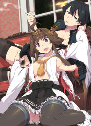 Rule 34 | 1boy, 1futa, admiral (kancolle), ahoge, areola slip, black hair, black panties, black thighhighs, breasts, brown hair, bulge, cigarette, couch, crossdressing, cum, cum in clothes, cum in panties, cum through clothes, detached sleeves, erection, erection under clothes, female pubic hair, frilled skirt, frills, futa with female, futanari, garter straps, grabbing own breast, hairband, handjob, handjob over clothes, headgear, highres, holding, holding cigarette, indoors, kantai collection, kongou (kancolle), large breasts, lingerie, long hair, lying, male pubic hair, multiple girls, nontraditional miko, on side, open clothes, panties, panties around leg, penis, penis in panties, pubic hair, purple eyes, ribbon-trimmed sleeves, ribbon trim, sitting, skirt, smoke, smoking, takemura sessyu, thighhighs, underwear, white panties, wide sleeves, window