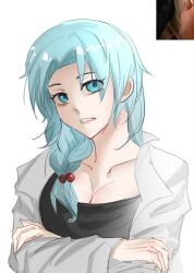 Rule 34 | 1girl, black shirt, blue eyes, blue hair, breasts, cleavage, commentary request, crossed arms, enomoto noa, eyes visible through hair, hair bobbles, hair ornament, lab coat, long sleeves, low ponytail, medium breasts, parted bangs, saibou shinkyoku, shirt, side ponytail, simple background, sketch, solo, translation request, white background, zhouyebuxi