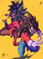 Rule 34 | 2boys, absurdres, black hair, blue eyes, body fur, denim, dougi, dragon ball, dragon ball gt, fighting stance, highres, incoming attack, jeans, liedein, monkey boy, monkey tail, multiple boys, muscular, muscular male, pants, red fur, son goku, spiked hair, super saiyan, super saiyan 4, tail, topless male, vegeta, yellow eyes