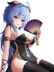 Rule 34 | 1girl, ahoge, alternate costume, arm ribbon, arm support, armlet, bare shoulders, bell, black dress, black thighhighs, blue bow, blue hair, blue nails, blush, bow, breasts, china dress, chinese clothes, cleavage, curled horns, dress, fingernails, folding fan, ganyu (genshin impact), genshin impact, goat horns, gold trim, hand fan, highres, holding, holding fan, horns, jingle bell, lace, lace-trimmed legwear, lace trim, large breasts, long hair, looking at viewer, low ponytail, messy hair, nail polish, nersiyan, open mouth, purple eyes, ribbon, seiza, sideboob, sidelocks, simple background, sitting, skindentation, solo, tassel, thighhighs, white background