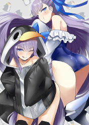 Rule 34 | 2girls, animal hood, armor, ass, back, bare shoulders, bird, black jacket, blue eyes, blue one-piece swimsuit, blush, choker, closed mouth, collarbone, dual persona, fate/grand order, fate (series), frills, greaves, hair between eyes, hood, hood up, jacket, licking lips, long hair, long sleeves, looking at viewer, meltryllis, meltryllis (fate), meltryllis (swimsuit lancer) (fate), meltryllis (swimsuit lancer) (first ascension) (fate), meltryllis (swimsuit lancer) (second ascension) (fate), multiple girls, one-piece swimsuit, one eye closed, penguin, penguin hood, pout, puffy sleeves, purple hair, ribbon, senbon tsuki, sleeves past fingers, sleeves past wrists, smile, swimsuit, thighs, tongue, tongue out