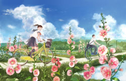Rule 34 | 1boy, 1girl, :d, absurdres, bag, bicycle, bicycle basket, black skirt, black socks, blue sky, brown eyes, brown hair, closed mouth, cloud, cloudy sky, day, expressionless, flower, from side, highres, hollyhock, huge filesize, kneehighs, looking away, looking to the side, neckerchief, open mouth, original, outdoors, path, plant, pon (cielo), power lines, red neckerchief, rice paddy, riding, road, rural, satchel, scenery, school uniform, serafuku, short ponytail, side ponytail, skirt, sky, smile, socks, wide shot