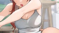 Rule 34 | 1girl, bare arms, blush, breasts, brown hair, doushimasho, indoors, king, large breasts, open mouth, original, outstretched arms, shadow, stool, stuffed animal, stuffed toy, sweat, sweatdrop, tank top, teeth, white tank top