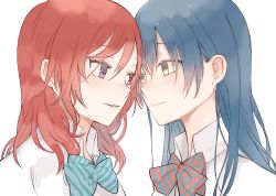 Rule 34 | 2girls, blue hair, blush, bow, bowtie, closed mouth, collared shirt, eye contact, hair between eyes, kuma (bloodycolor), long hair, looking at another, love live!, love live! school idol project, multiple girls, nishikino maki, parted lips, purple eyes, red hair, shirt, simple background, smile, sonoda umi, white background, white shirt, yellow eyes, yuri