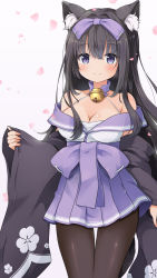 Rule 34 | 1girl, animal ear fluff, animal ears, arashio (azur lane), azur lane, bell, black hair, blush, bow, breasts, cat ears, cat girl, cat tail, choker, cleavage, floral print, hair bow, hair intakes, highres, japanese clothes, kimono, large breasts, long hair, looking at viewer, neck bell, nekono rin, off shoulder, pantyhose, petals, pleated skirt, purple bow, purple eyes, skirt, solo, tail, wide sleeves