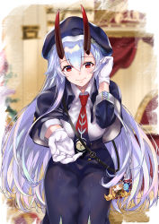 Rule 34 | 1girl, absurdres, adjusting hair, beret, blush, capelet, character doll, commentary request, fate/grand order, fate (series), gloves, hair between eyes, hat, heroic spirit festival outfit, highres, horns, ibaraki douji (fate), long hair, long skirt, looking at viewer, mitsudomoe (shape), necktie, outstretched hand, purple capelet, purple hat, purple necktie, purple skirt, red eyes, red horns, red necktie, shirt, shoulder strap, shuten douji (fate), silver hair, skin-covered horns, skirt, slit pupils, smile, solo, tomoe (symbol), tomoe gozen (fate), tomoe gozen (festival outfit) (fate), two-tone neckwear, very long hair, white gloves, white shirt, yu sa1126