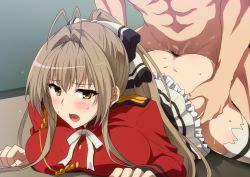 Rule 34 | 1boy, 1girl, aiguillette, all fours, amagi brilliant park, antenna hair, ass, black skirt, bow, breast press, breasts, brown eyes, brown hair, censored, clothed sex, doggystyle, frills, hair between eyes, hair bow, hair intakes, hara (harayutaka), head out of frame, hetero, highres, jacket, large breasts, long hair, military jacket, mosaic censoring, open mouth, ponytail, pussy juice, red jacket, sento isuzu, sex, sex from behind, sidelocks, skirt, solo focus, sweat, white legwear