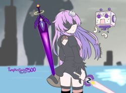 Rule 34 | 1girl, black blindfold, blindfold, cosplay, covered eyes, d-pad, d-pad hair ornament, feather-trimmed sleeves, hair ornament, highres, holding, holding sword, holding weapon, nepgear, neptune (series), nier (series), nier:automata, self-upload, sword, weapon, 2b (nier:automata), 2b (nier:automata) (cosplay)