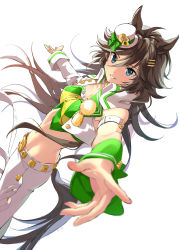 Rule 34 | 1girl, ahoge, animal ears, arm strap, bandeau, belt, blouse, blue eyes, breasts, brown hair, choker, collarbone, commentary request, cowboy shot, cropped jacket, floating hair, green bandeau, green shirt, groin, hair between eyes, hair ornament, hairclip, hat, highres, horse ears, horse girl, horse tail, jacket, long hair, long sleeves, looking at viewer, medium breasts, midriff, mini hat, mini top hat, misu kasumi, mr. c.b. (umamusume), navel, open clothes, open jacket, outstretched arms, pants, parted lips, shirt, sidelocks, simple background, single bare shoulder, single sleeve, smile, solo, standing, tail, top hat, umamusume, white background, white belt, white hat, white jacket, white pants, wrist cuffs, yellow choker