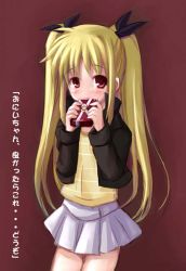 Rule 34 | 00s, 1girl, blonde hair, blouse, blush, bow, brown background, covering own mouth, embarrassed, fate testarossa, female focus, gift, hair bow, hair ribbon, holding, holding gift, jacket, long hair, looking at viewer, lyrical nanoha, mahou shoujo lyrical nanoha, minamura haruki, nervous, open clothes, open jacket, pleated skirt, red background, red eyes, ribbon, shirt, simple background, skirt, solo, standing, striped clothes, striped shirt, twintails, valentine, vertical stripes, very long hair, yellow shirt