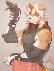 Rule 34 | 1boy, animal ears, arknights, bara, bare shoulders, black shirt, brown fur, curb-chain, detached sleeves, dog boy, dog ears, dog tail, from side, furry, furry male, gloves, gun, highres, holding, holding gun, holding weapon, horns, hung (arknights), looking at viewer, male focus, medium hair, multicolored hair, muscular, muscular male, orange eyes, orange hair, pectorals, shirt, single horn, sleeveless, sleeveless shirt, smile, streaked hair, tail, two-tone fur, upper body, weapon, white fur, white gloves, white hair, yellow eyes