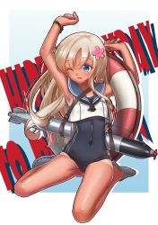 Rule 34 | 10s, 1girl, ;d, armpits, arms up, blonde hair, blue eyes, blush, bracelet, covered navel, crop top, flower, hair flower, hair ornament, heart, heart-shaped pupils, highres, jewelry, kantai collection, lifebuoy, mowmow26, one-piece tan, one eye closed, open mouth, ro-500 (kancolle), sailor collar, school swimsuit, sitting, slippers, smile, solo, swim ring, swimsuit, swimsuit under clothes, symbol-shaped pupils, tan, tanline, torpedo, wariza
