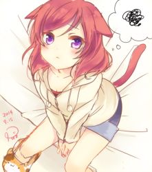 Rule 34 | 10s, 1girl, :&lt;, alternate costume, animal ears, between legs, cat ears, cat tail, dated, hood, hoodie, kemonomimi mode, long sleeves, looking at viewer, looking up, love live!, love live! school idol project, nishikino maki, pout, purple eyes, puzsan, red hair, short hair, shorts, signature, sitting, sketch, solo, spoken squiggle, squiggle, tail, thought bubble, v arms