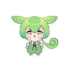 Rule 34 | 1girl, :3, arms at sides, blush, bolo tie, brooch, check commentary, check copyright, chibi, chiikawa, commentary request, copyright request, full body, green hair, green overalls, hamusuta (hamuchan dayo), highres, jewelry, looking at viewer, low ponytail, open mouth, pleading eyes, shirt, sidelocks, solo, straight-on, voicevox, white shirt, yellow eyes, zundamon