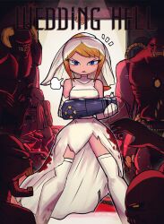 Rule 34 | 1girl, 6+others, absurdres, angry, arm cannon, bare shoulders, bell, blonde hair, blood, blood on clothes, blue eyes, crossover, demon, doom (game), doom (series), door, dot nose, dress, english text, highres, horns, imminent murder, lipstick, long hair, looking at viewer, makeup, metroid, monster, multiple others, nintendo, ponytail, red lips, samus aran, sidelocks, sleeveless, standing, text focus, thighhighs, tony welt, torn clothes, torn dress, weapon, wedding dress, white thighhighs