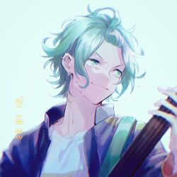 Rule 34 | 1boy, blue jacket, earrings, from argonavis, green eyes, green hair, grey background, guitar, highres, himishiro, holding, holding guitar, holding instrument, instrument, jacket, jewelry, long sleeves, looking to the side, male focus, multicolored clothes, multicolored jacket, multicolored shirt, multiple earrings, music, nijou kanata, playing instrument, red jacket, shirt, solo, white shirt, yellow jacket, yellow shirt