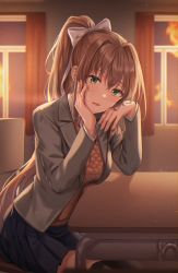 Rule 34 | 1girl, absurdres, bad id, bad pixiv id, black thighhighs, blazer, blurry, blurry background, bow, brown hair, chair, classroom, curtains, desk, doki doki literature club, from side, green eyes, grey jacket, hair bow, hair ribbon, hand on own cheek, hand on own face, hands up, highres, huge filesize, jacket, long hair, long sleeves, looking at viewer, monika (doki doki literature club), open mouth, over-kneehighs, pleated skirt, ponytail, ribbon, school desk, school uniform, sitting, skirt, smile, solo, thighhighs, tokkyu, white bow, white ribbon