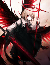 Rule 34 | 1girl, ascot, black skirt, black vest, black wings, blonde hair, closed mouth, collared shirt, ex-rumia, fingernails, frilled skirt, frills, hair between eyes, halo, highres, holding, holding sword, holding weapon, long fingernails, long sleeves, nail polish, red ascot, red eyes, red footwear, red nails, red wings, rumia, sharp fingernails, shirt, shoes, short hair, skirt, solo, spark621, sword, touhou, vest, weapon, white shirt, wings
