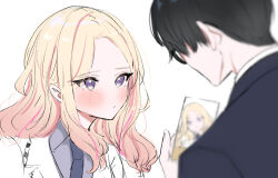 1boy 1girl black-framed_eyewear black_hair black_jacket blazer blonde_hair blush facing_another gakuen_idolmaster hatsuboshi_gakuen_school_uniform idolmaster jacket juo_sena kasasagi_(futagodori888) long_hair multicolored_hair photo_(object) pink_hair producer_(idolmaster) purple_eyes school_uniform simple_background streaked_hair two-tone_hair upper_body white_background white_jacket