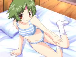 Rule 34 | 1girl, arm support, bed, blush, bra, game cg, headband, lingerie, mutsumi masato, nitou misaki, only you, only you recross, panties, pillow, sitting, socks, solo, striped bra, striped clothes, striped panties, underwear, underwear only, yokozuwari