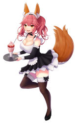 Rule 34 | 10s, 1girl, alternate costume, animal ears, apron, bad id, bad pixiv id, black thighhighs, braid, breasts, cleavage, detached sleeves, enmaided, fang, fate/extra, fate/extra ccc, fate/grand order, fate (series), food, fox ears, fox tail, highres, huge breasts, ice, ice cream, kannko bokujou, looking at viewer, maid, maid apron, maid headdress, official alternate costume, open mouth, pink hair, simple background, solo, tail, tamamo (fate), tamamo no mae (fate/extra), tamamo no mae (tailmaid strike) (fate), thighhighs, twin braids, waist apron, white background, yellow eyes