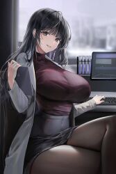 Rule 34 | 1girl, absurdres, black hair, black pantyhose, black skirt, blush, breasts, coat, commentary request, crossed legs, grey eyes, highres, holding, holding tablet pc, keyboard (computer), korean commentary, lab coat, large breasts, lillly, long hair, long sleeves, looking at viewer, open clothes, open coat, original, pantyhose, parted lips, purple sweater, sitting, skirt, smile, solo, sweater, sweater tucked in, tablet pc, thighs, turtleneck, turtleneck sweater, white coat