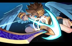 Rule 34 | 1boy, alternate color, angel, angel wings, armlet, arrow (projectile), blue eyes, bow (weapon), brown hair, commission, highres, holding, holding bow (weapon), holding weapon, kid icarus, kid icarus uprising, laurel crown, letterboxed, looking at viewer, male focus, nintendo, pit (kid icarus), scarvii, solo, super smash bros., weapon, wings