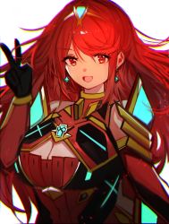 Rule 34 | 1girl, alternate hair length, alternate hairstyle, black gloves, breasts, chest jewel, earrings, fingerless gloves, gloves, highres, jewelry, large breasts, long hair, pyra (xenoblade), red eyes, red shorts, shorts, simple background, solo, swept bangs, tarbo (exxxpiation), tiara, very long hair, white background, xenoblade chronicles (series), xenoblade chronicles 2