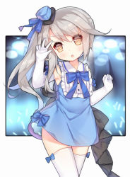 Rule 34 | &gt;:o, 1girl, :o, blue bow, blue dress, blue hat, blue ribbon, blush, bow, bow legwear, brown eyes, collared dress, commentary request, dress, dress bow, elbow gloves, frills, glove bow, gloves, grey hair, hat, hat ribbon, head tilt, long hair, looking at viewer, mini hat, ning hai (warship girls r), parted lips, ribbon, side ponytail, sidelocks, sleeveless, sleeveless dress, solo, standing, tengxiang lingnai, thighhighs, v, v-shaped eyebrows, warship girls r, white gloves, white thighhighs