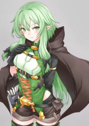 Rule 34 | 10s, 1girl, arm behind back, arrow (projectile), asya, black bow, blush, bow, breasts, brown cape, brown shorts, cape, clenched hand, cowboy shot, elf, gloves, goblin slayer!, gold trim, green eyes, green hair, grey background, hair bow, hair ribbon, hand up, high elf archer (goblin slayer!), highres, holstered, hood, hooded cape, knife, long hair, looking at viewer, navel, open mouth, pointy ears, quiver, ribbon, short shorts, shorts, sidelocks, simple background, small breasts, smile, solo, thighhighs, tress ribbon, weapon