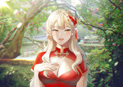 Rule 34 | 1girl, :d, blonde hair, blush, breasts, china dress, chinese clothes, cleavage, cleavage cutout, clothing cutout, dated commentary, day, dress, earrings, forest, hair ornament, hand up, hands on own breasts, jewelry, k2h, large breasts, long hair, looking at viewer, mole, mole under eye, nature, open mouth, original, outdoors, red dress, short sleeves, smile, solo, tree, upper body, yellow eyes