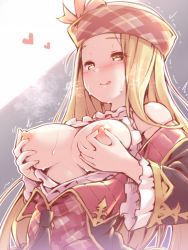 Rule 34 | 10s, 1girl, :q, bare shoulders, blush, breasts, breasts out, diola (granblue fantasy), granblue fantasy, kibushi, large breasts, long hair, nipples, grabbing own breast, smile, solo, sweat, tongue, tongue out