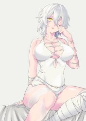 Rule 34 | 1girl, bandaged arm, bandaged leg, bandages, bare shoulders, breasts, cleavage, code vein, collarbone, covered erect nipples, dress, hair between eyes, hand up, highres, io (code vein), jewelry, large breasts, microdress, necklace, no bra, one eye closed, open mouth, p tarou, panties, short hair, sideboob, sitting, solo, tareme, teeth, thighs, underwear, white dress, white hair, white panties, yellow eyes