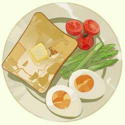 asparagus butte cherry_tomato commentary egg_(food) english_commentary food food_focus french_toast hardboiled_egg no_humans original plate saiga_tokihito signature simple_background tomato white_background