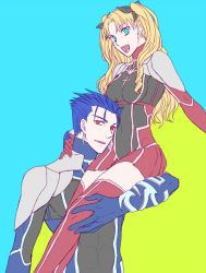Rule 34 | 10s, 1boy, 1girl, abs, adapted costume, aqua eyes, arm around neck, bad id, bad pixiv id, blonde hair, blue eyes, blue hair, bodysuit, carrying, cross, cu chulainn (fate), cu chulainn (fate/extra), cu chulainn (fate/stay night), earrings, fate/extra, fate/stay night, fate (series), flat color, gloves, hair ribbon, jewelry, long hair, looking at viewer, miniskirt, official alternate costume, ooka, open mouth, pleated skirt, ponytail, red thighhighs, ribbon, short hair, shoulder carry, simple background, sitting, skirt, smile, spiked hair, thighhighs, tohsaka rin, turtleneck, two side up, wavy hair, zettai ryouiki