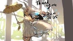 Rule 34 | 1girl, animal ear fluff, animal ears, bare arms, bare shoulders, breasts, closed mouth, commentary request, dated, dress, floating hair, fox ears, fox girl, fox tail, highres, holding, holding umbrella, kitsune, long hair, original, sketch, sleeveless, sleeveless dress, small breasts, smile, solo, standing, tail, thank you, umbrella, very long hair, white hair, yellow umbrella, yuuji (yukimimi)