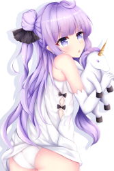 Rule 34 | 1girl, absurdres, ahoge, ass, azur lane, commentary request, hugging doll, dress, elbow gloves, endsmall min, from side, gloves, hair bun, hair ribbon, highres, long hair, looking at viewer, hugging object, panties, purple eyes, purple hair, ribbon, side bun, simple background, single hair bun, single side bun, solo, stuffed animal, stuffed pegasus, stuffed toy, stuffed unicorn, stuffed winged unicorn, underwear, unicorn (azur lane), white background, white dress, white gloves, white panties