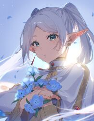 Rule 34 | 1girl, absurdres, blue petals, crying, crying with eyes open, day, dress, elf, flower, frieren, green eyes, highres, holding, holding flower, long hair, looking at viewer, nemophila (flower), outdoors, pointy ears, portrait, rinzawa, solo, sousou no frieren, tears, twintails, white dress, white hair
