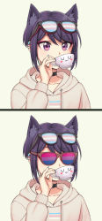 Rule 34 | 1other, absurdres, animal ear fluff, animal ears, aqua nails, bisexual, bisexual flag, brand name imitation, cat ears, covered mouth, cup, deal with it (meme), drawstring, ear piercing, eyewear on head, highres, hood, hood down, lgbt pride, long sleeves, meme, multiple views, nail polish, original, pas&#039; black-haired catperson, pas (paxiti), piercing, pink nails, purple eyes, ray-ban, short hair, simple background, split screen, tinted eyewear, transgender flag, upper body, yellow background