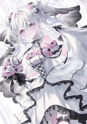 Rule 34 | 1girl, absurdres, bare shoulders, black bow, black bowtie, black gloves, bouquet, bow, bowtie, breasts, bridal garter, bridal veil, clothes lift, detached sleeves, dress, dress lift, flower, gloves, hagoromo mayo, hair bun, highres, holding, holding bouquet, indie virtual youtuber, medium breasts, noah (0noah), pink eyes, pink flower, smile, solo, twintails, veil, virtual youtuber, wedding dress, white flower