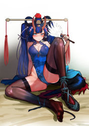 Rule 34 | 1girl, bad id, bad pixiv id, black thighhighs, blue hair, blue leotard, blush, breasts, cleavage, closed mouth, commission, dragon tail, feet, hair rings, hand fan, highleg, highleg leotard, highres, holding, holding fan, horns, knee up, large breasts, leotard, loncspace, long hair, looking at viewer, oni horns, original, shoes, single shoe, sitting, solo, tail, thighhighs, thighs, toes, twintails, very long hair